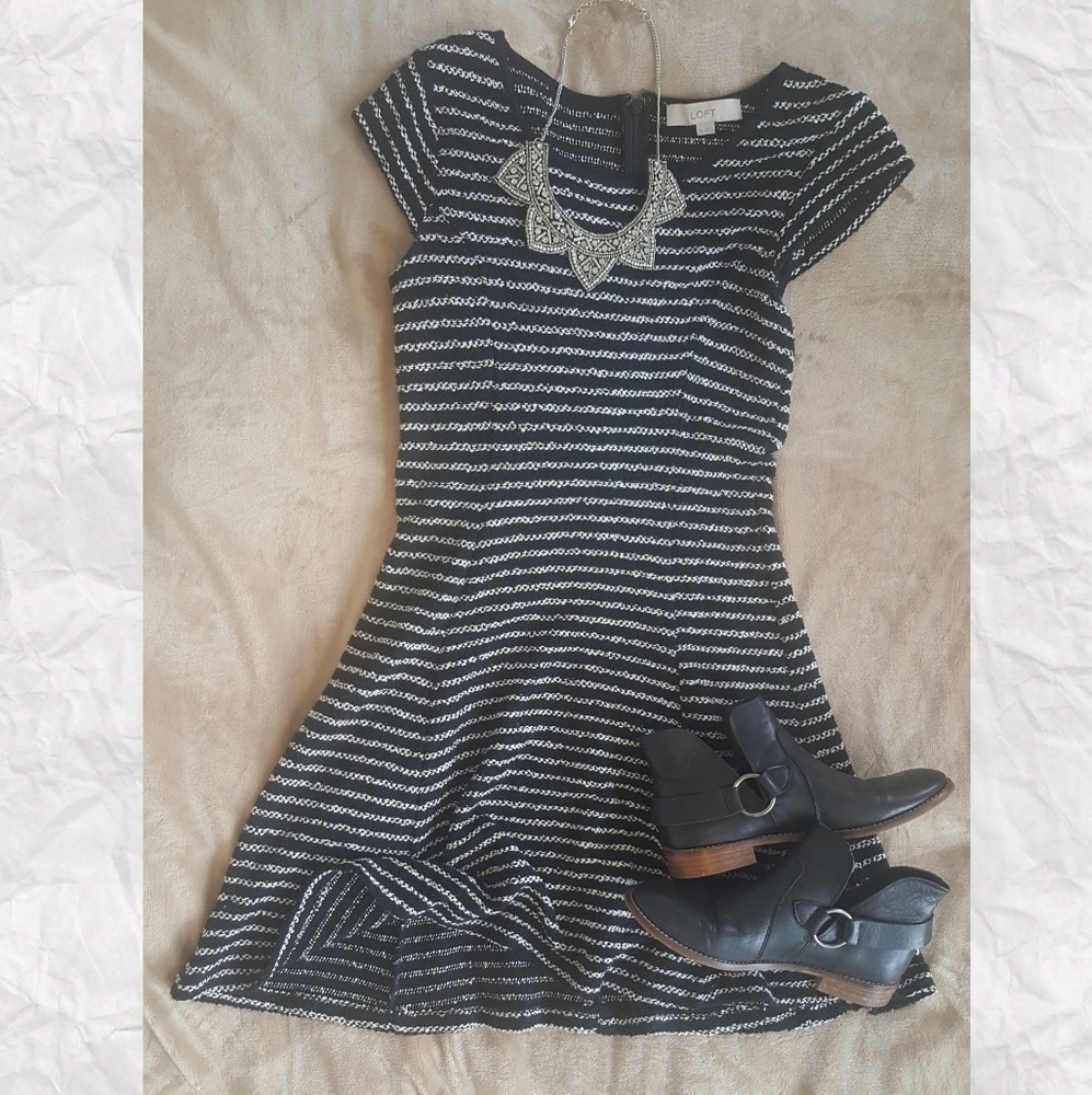 LOFT Knit White Stripe Cap Sleeve Skater Dress